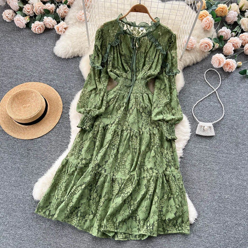 Elegant Jacquard Lace Dress for Women with Sweet Edible Tree Fungus Patchwork
